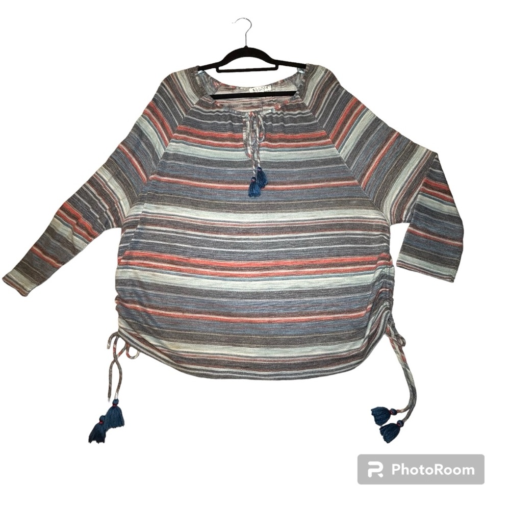Studio JPR Blues & Browns Striped Ruched Peasant Sweater with Tassels Size XL